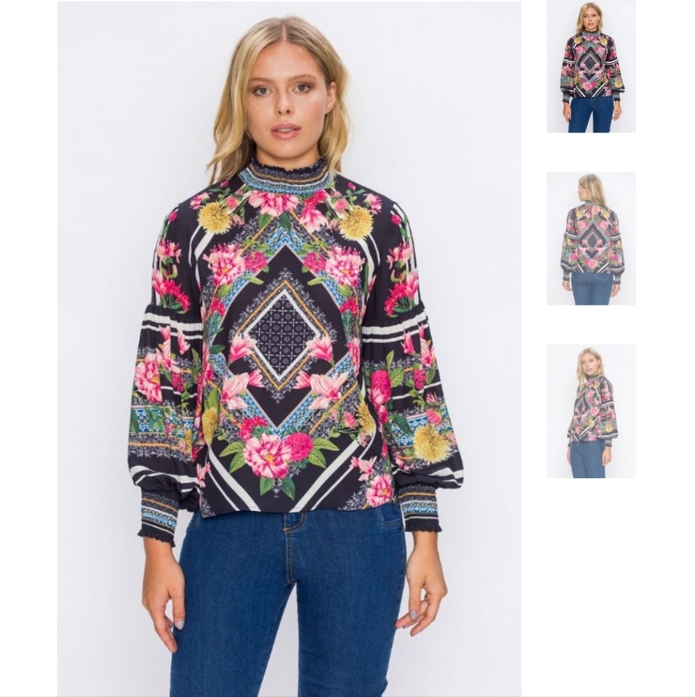 Jealous Tomato Top | FLORAL & GEO PRINT SMOCKNECK BLOUSE Women's Medium